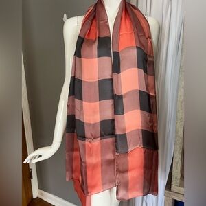 Authentic NWT BURBERRY 100% SILK WOMEN'S SCARF PLAID CHECK CORAL PINK ORANGE